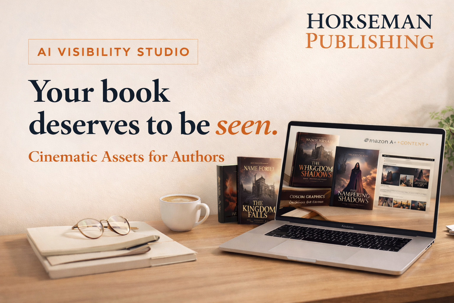 Horseman Publishing — Your book deserves to be seen. Cinematic assets for authors, shown with book covers, laptop displaying A+ Content, and promotional graphics on a warm desk setting.
