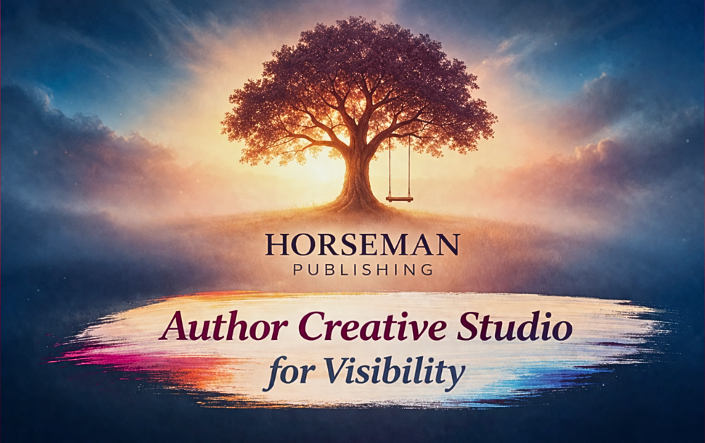 Horseman Publishing — Your book deserves to be seen. Cinematic assets for authors, shown with book covers, laptop displaying A+ Content, and promotional graphics on a warm desk setting.