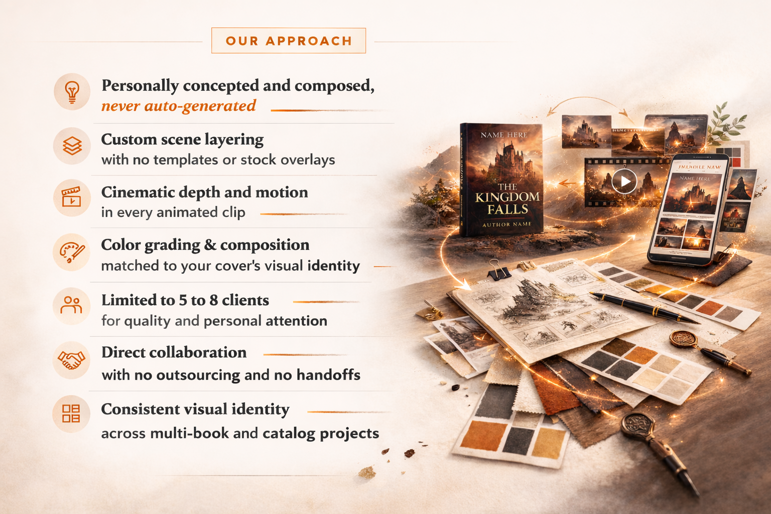 Our Approach — Personally concepted and composed, custom scene layering, cinematic depth and motion, color grading matched to your cover, limited to 5 to 8 clients, direct collaboration, consistent visual identity across projects.